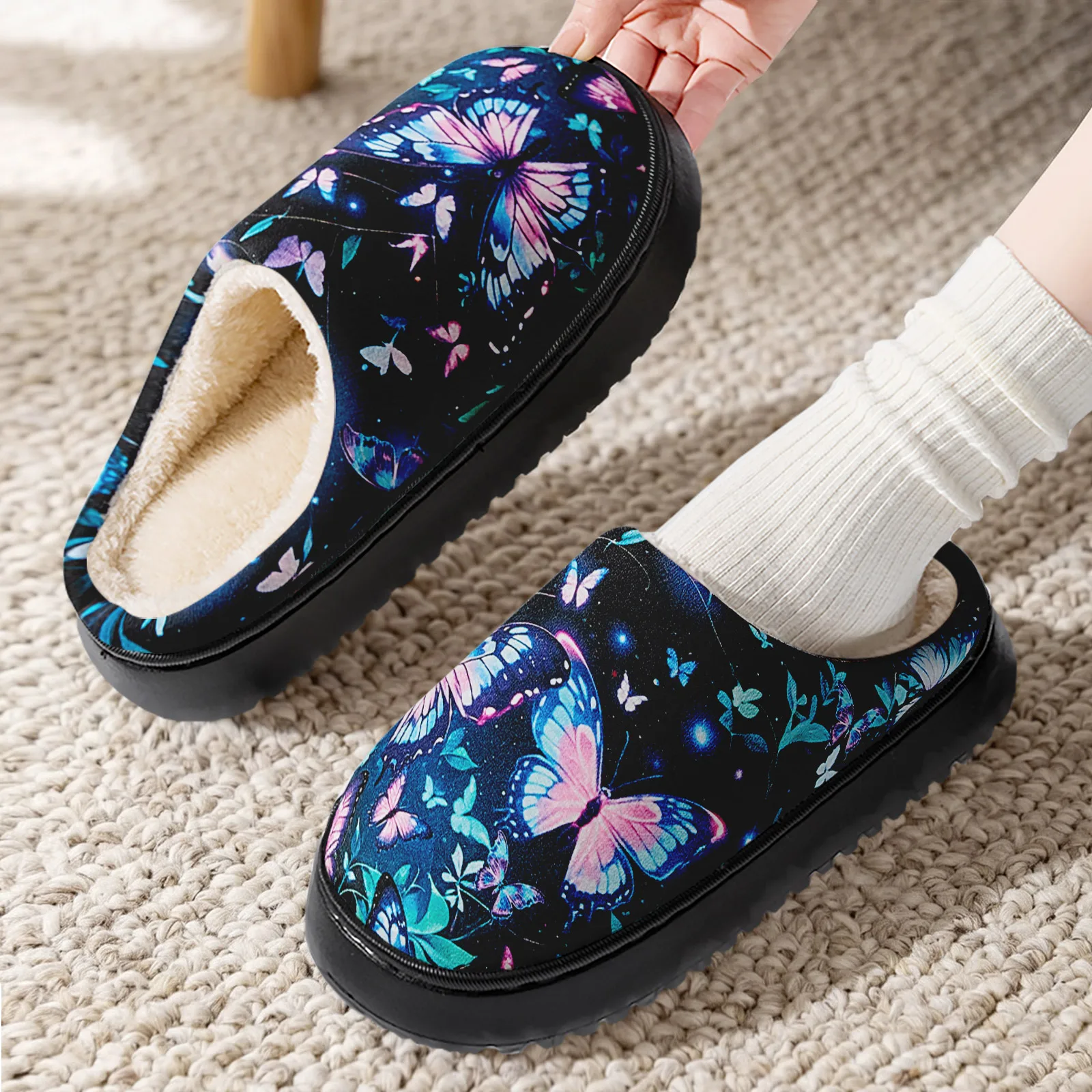 Women's Fuzzy House Slippers Memory Foam Butterfly Print Warm Cozy Indoor Winter Slip On Non Slip Bedroom Shoes for Women