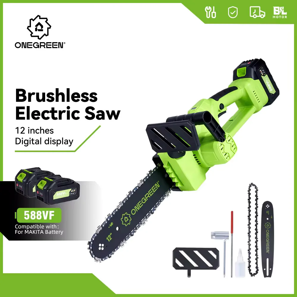 ONEGREEN 6000W 12 Inch Brushless Electric ChainSaw Cordless Battery Saw Garden Woodworking Power Tool For Makita 18V Battery