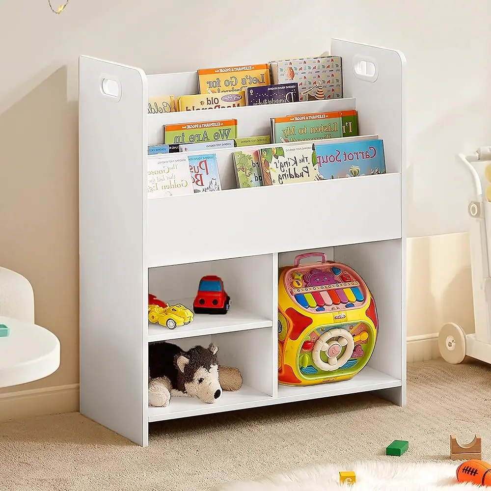 

Kids Book Organizer - Wooden Children’S Bookshelf With 3-Tier Display And 2-Tier Storage Compartments, Easy-To-Acc Toddler
