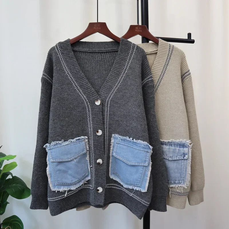 2024 Women Sweater Denim Patchwork Cardigan Kintted Loose Spring Autumn Vintage Winter Streetwear Y2k Jumper Coat Cardigans