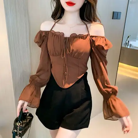 One-shoulder Long-sleeved Suspender Shirt Women Halter Neck Niche Chic Western Style Top