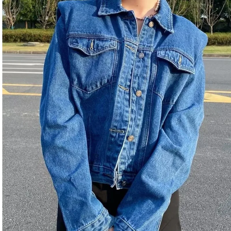 

Мужская джинсовая куртка в американском ретро-стиле с плиссированным дизайном, большого размера, с подплечниками, свободного кроя, осенне-зимняя