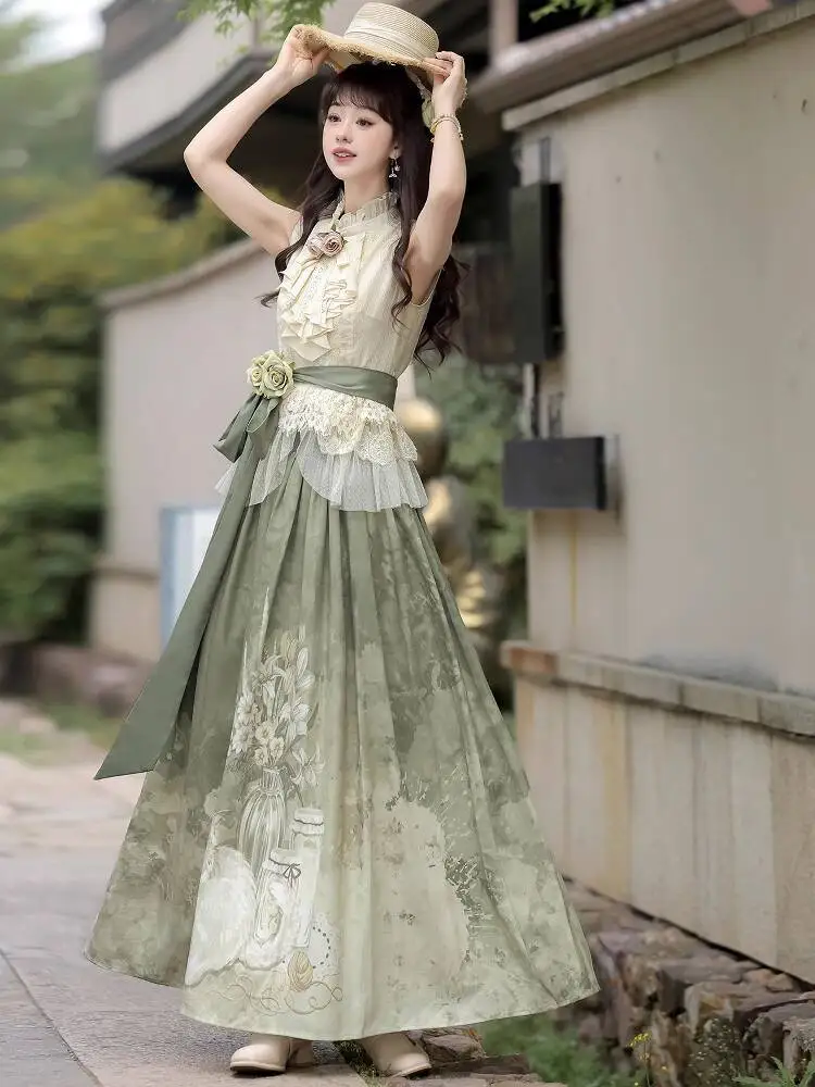 

New Lolita Elegant Rural Style Dress Shirt Sk Long Skirt Western Style Clothes Women Tops Printing Green Morning Time Carnival