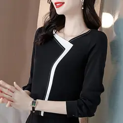 Women Clothing Contrast Patchwork Office Blouse Spring Autumn New Long Sleeve Loose Chiffon Elegant Shirt Tops Fashion Vintage