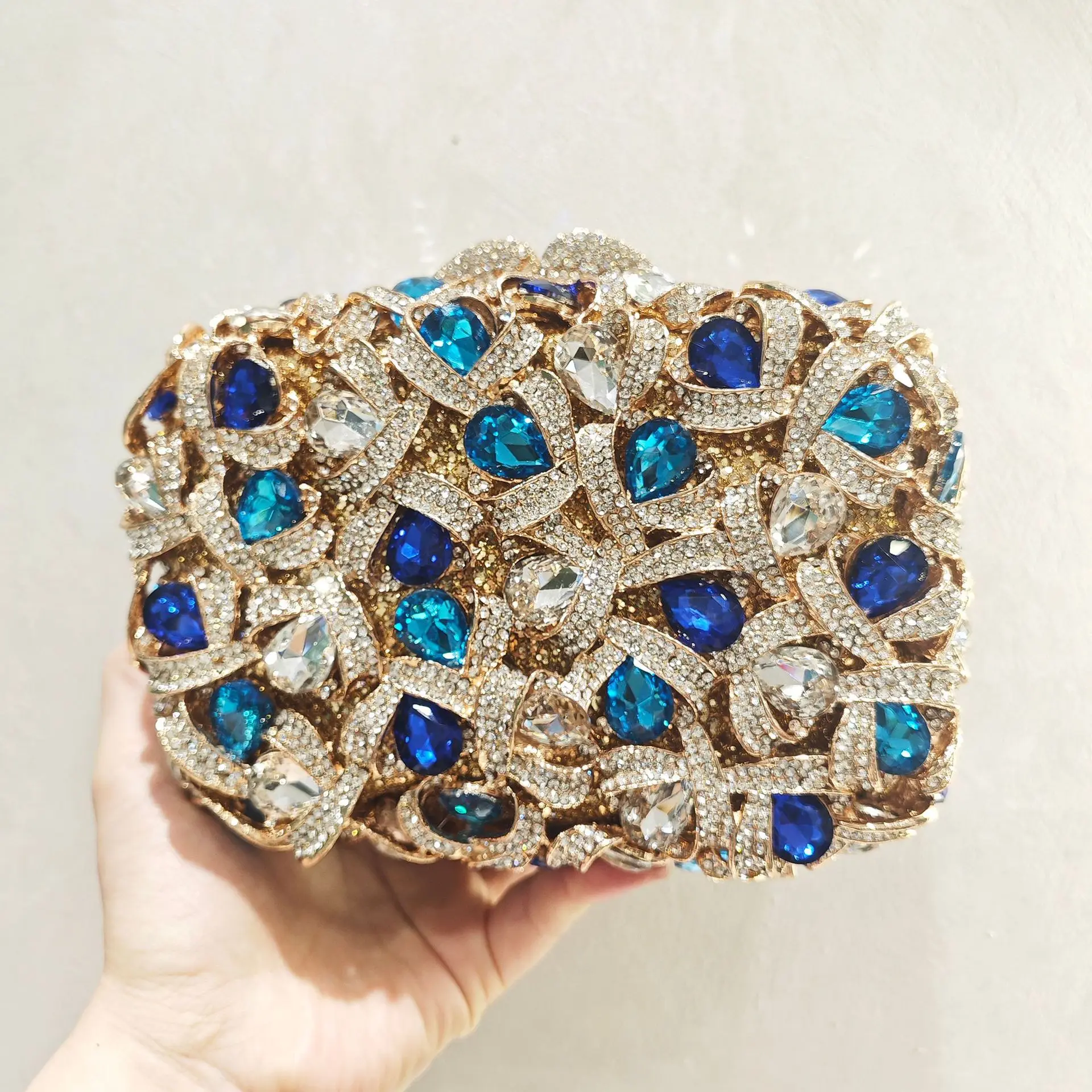 Large AB Rhinestone Crystal Clutch Purse Gold Metal Evening Wedding Bridesmaid Handbags New100% Handmade Women Diamond Bags