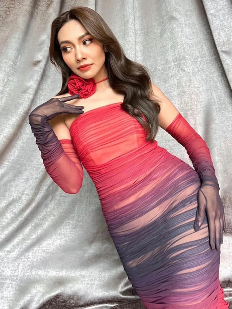 Articat-Vestido de Malha Gradiente Feminino, Bodycon Modificado, Sem Alças, Split, Dupla Camada, Midi, Festa Noturna, Clube