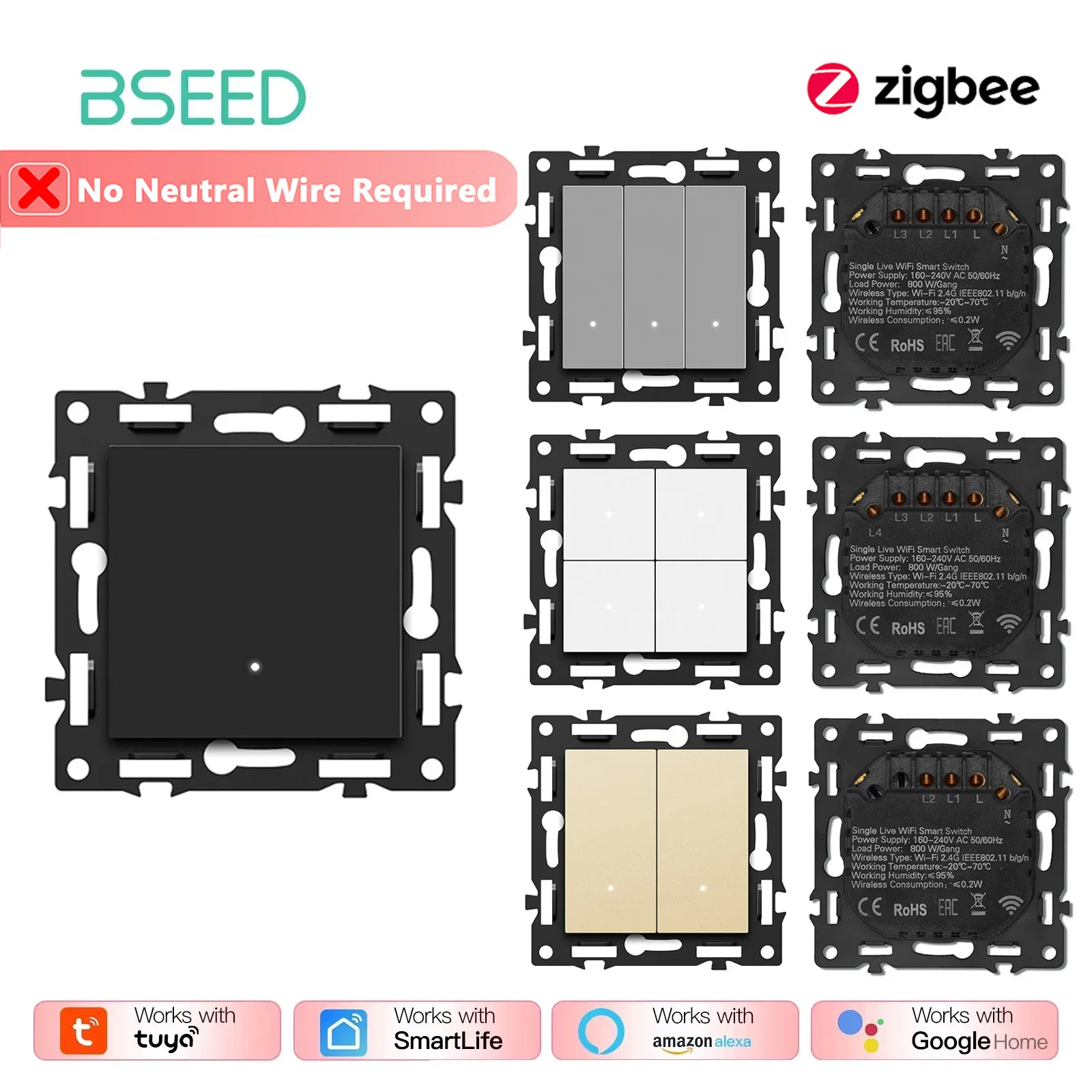 BSEED EU Standard Base Of Zigbee Click Switches Function 1/2/3/4Gang APP Control Wall Light Switch Module Part Single Live Wire