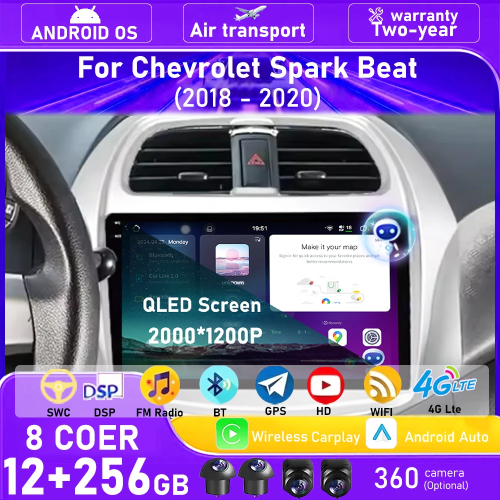 Radio Multimedia para Auto Android 16 de 9 Pulgadas para Chevrolet Spark Beat 2018 2019 2020, Reproductor de Video, GPS, Navegación, Carplay, BT, DSP