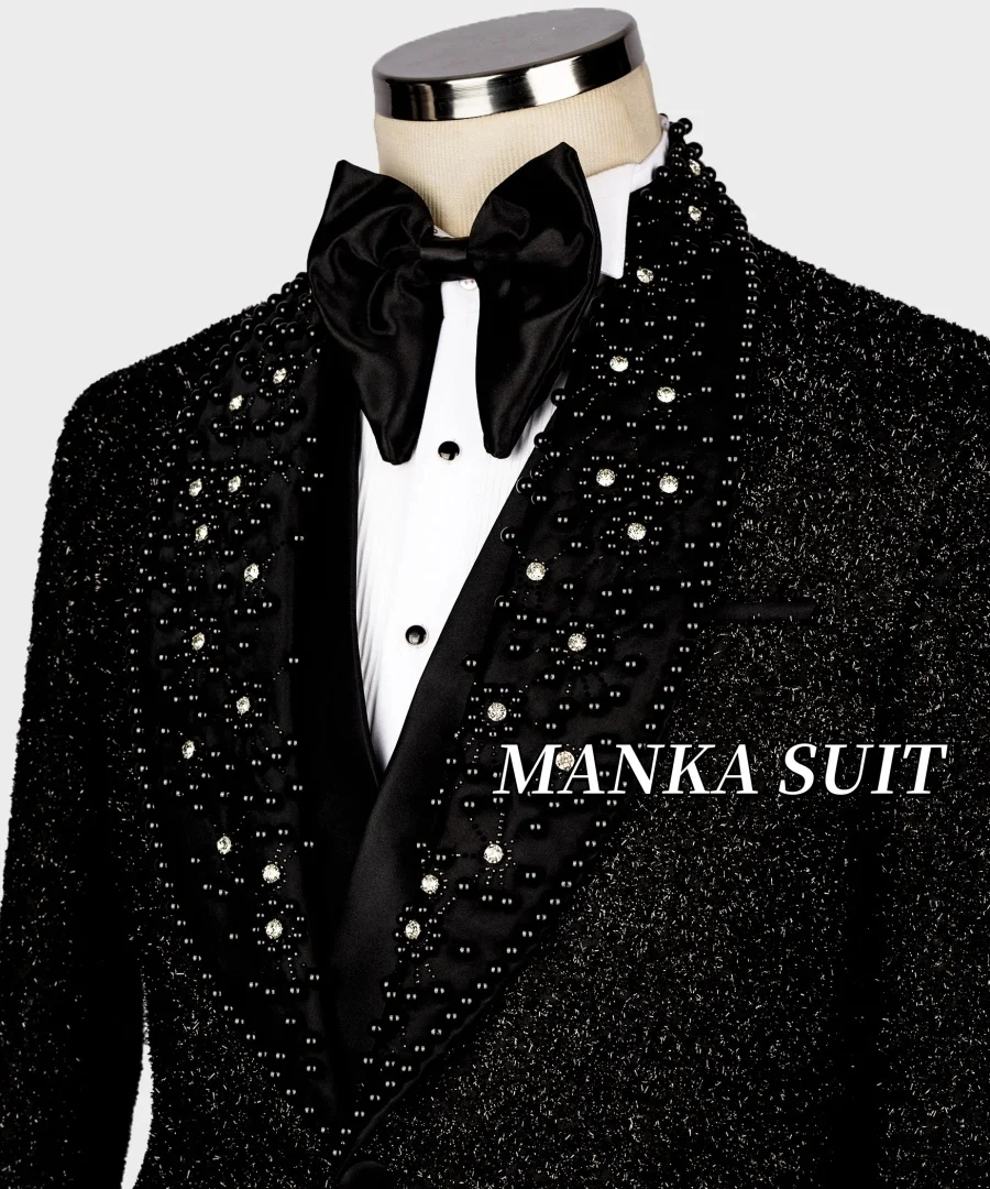 3pcs Luxury Black Wedding Tuxedo Groom Men Suits Slim Fit Crystals Pearls  Blazer Vest Pants Customized Men Costume