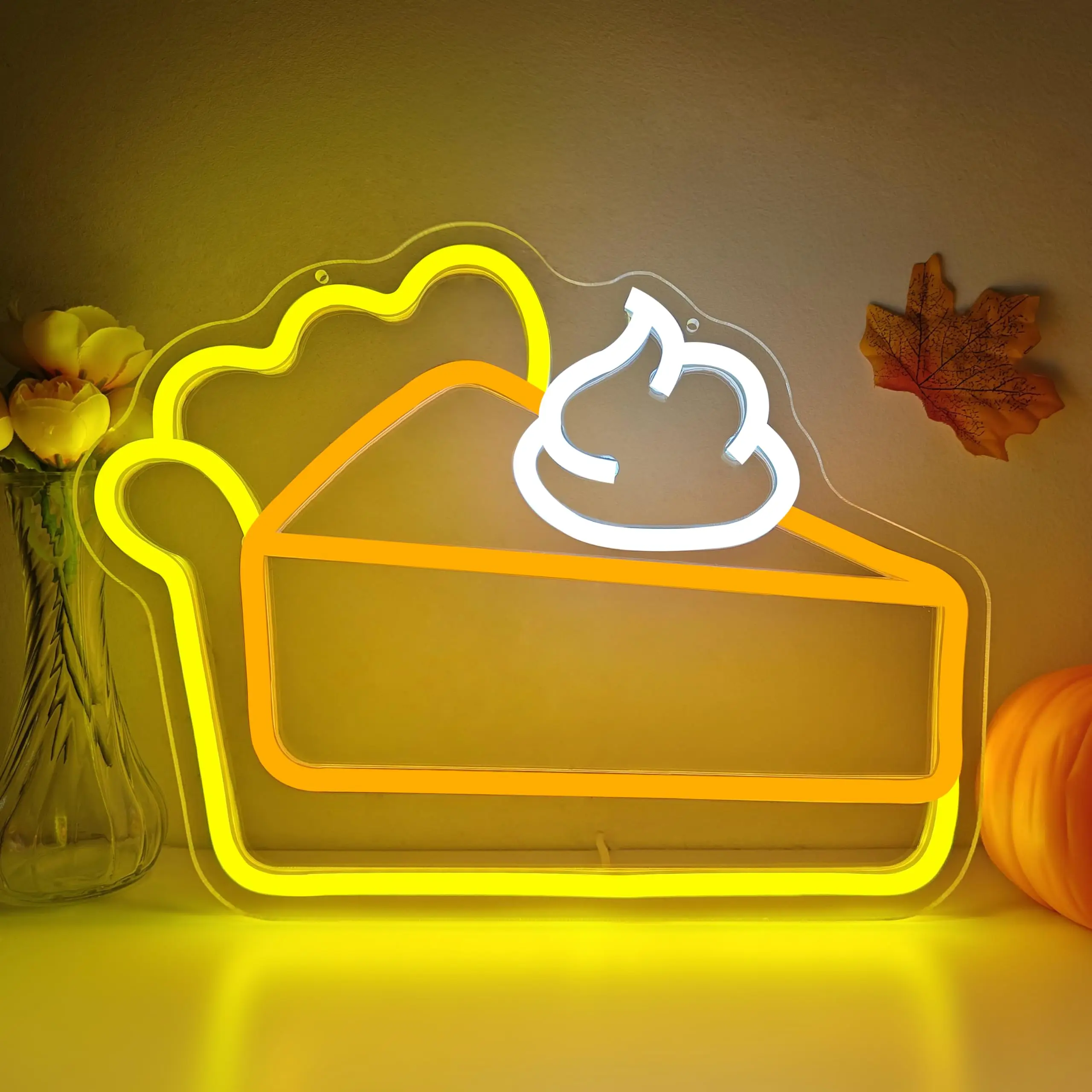 Pumpkin Pie LED Neon Sign Thanksgiving Dimmable Cake Light Up for Wall Decor for Business Party Restaurant Coffee Fireplace