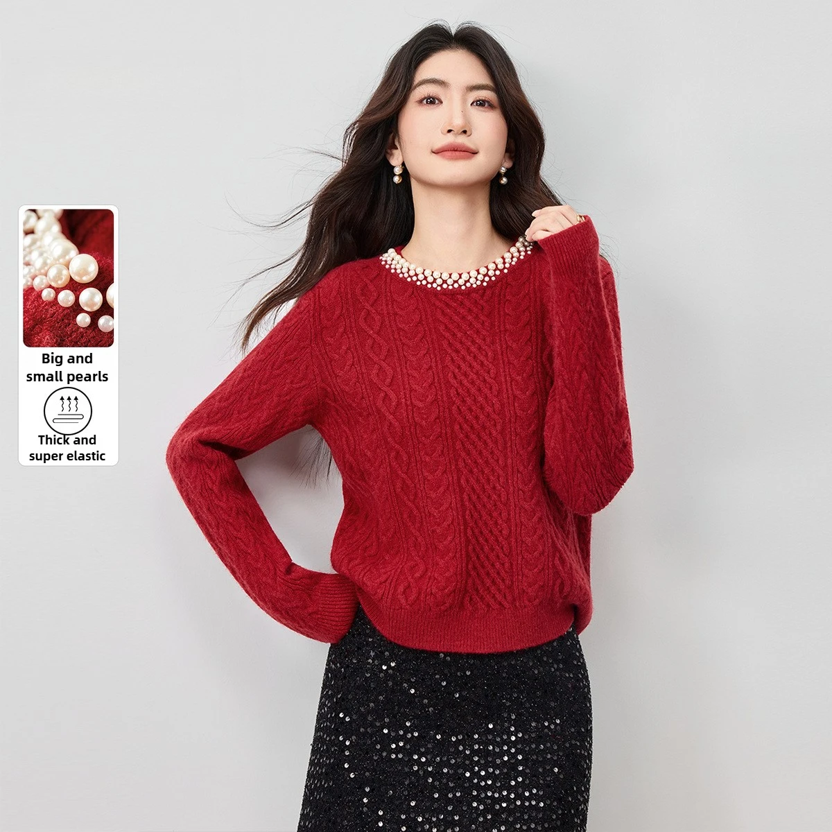 

SENTUBILA Elegant Sweaters Women Solid Pearl O-Neck Loose Fit Pullovers 2025 Autumn Simple Soft High-Stretch Knitwear W54EE3811