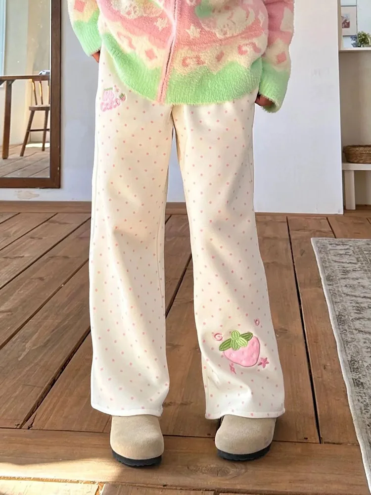 Kawaii Sweet Wide Leg Pants Women High Waist Cute Strawberry Embroidery Trousers Japan Preppy Style Female Spring Casual Pant - Image 4