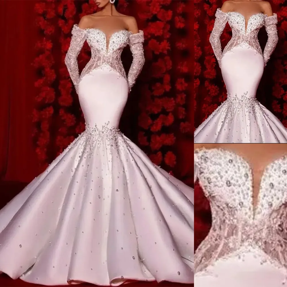 Luxury Mermaid Wedding Dresses V-Neck Beaded Lace Appliques Off Shoulder Long Sleeves Floor Length Bridal Gown Vestido De Novia