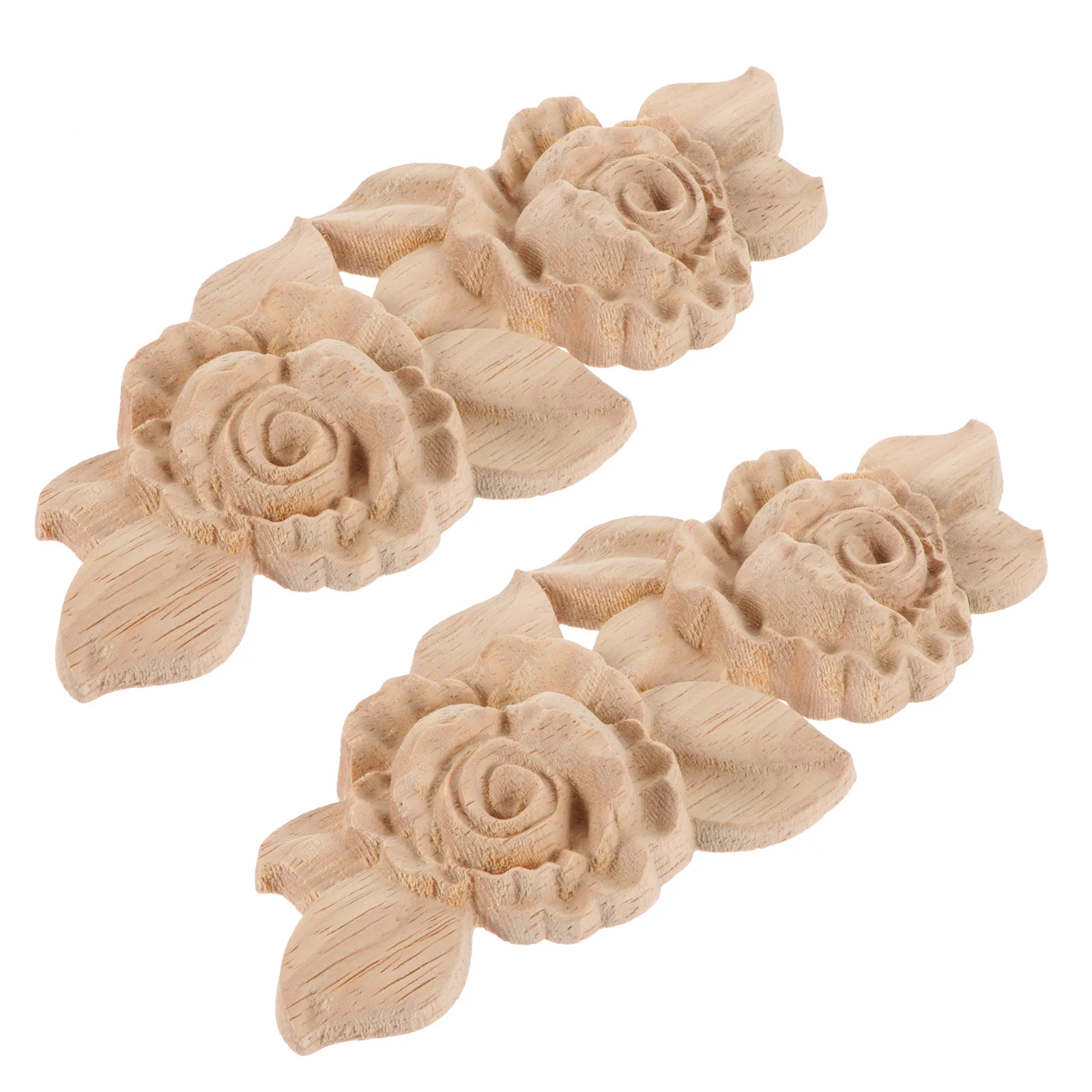 2 Pcs Solid Wood Rose Petals Appliques Home Decor Wooden Unpainted Onlay Furniture Decal Carved Decorative Carving