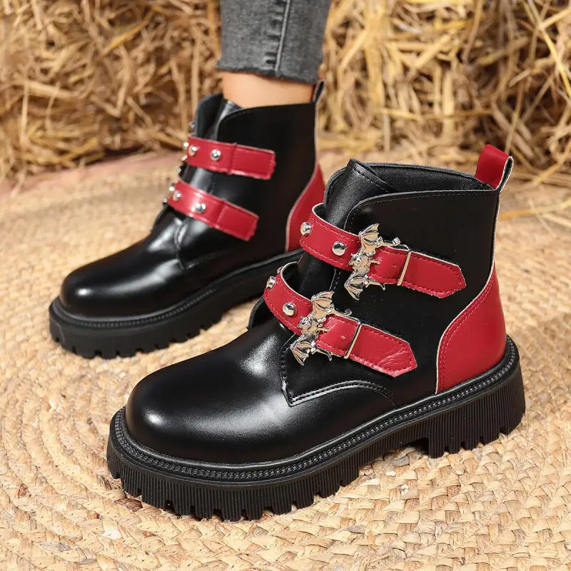 

Gothic Metal Belt Buckle Black Ankle Boots Women 2025 Autumn Punk Chunky Platform Motorcycle Boots Y2K Mix Color Shoes for Women