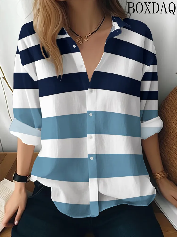 Stripe Pattern Printed Women's Blouse Autumn Long Sleeved Lapel Button Casual Loose Shirts New Style