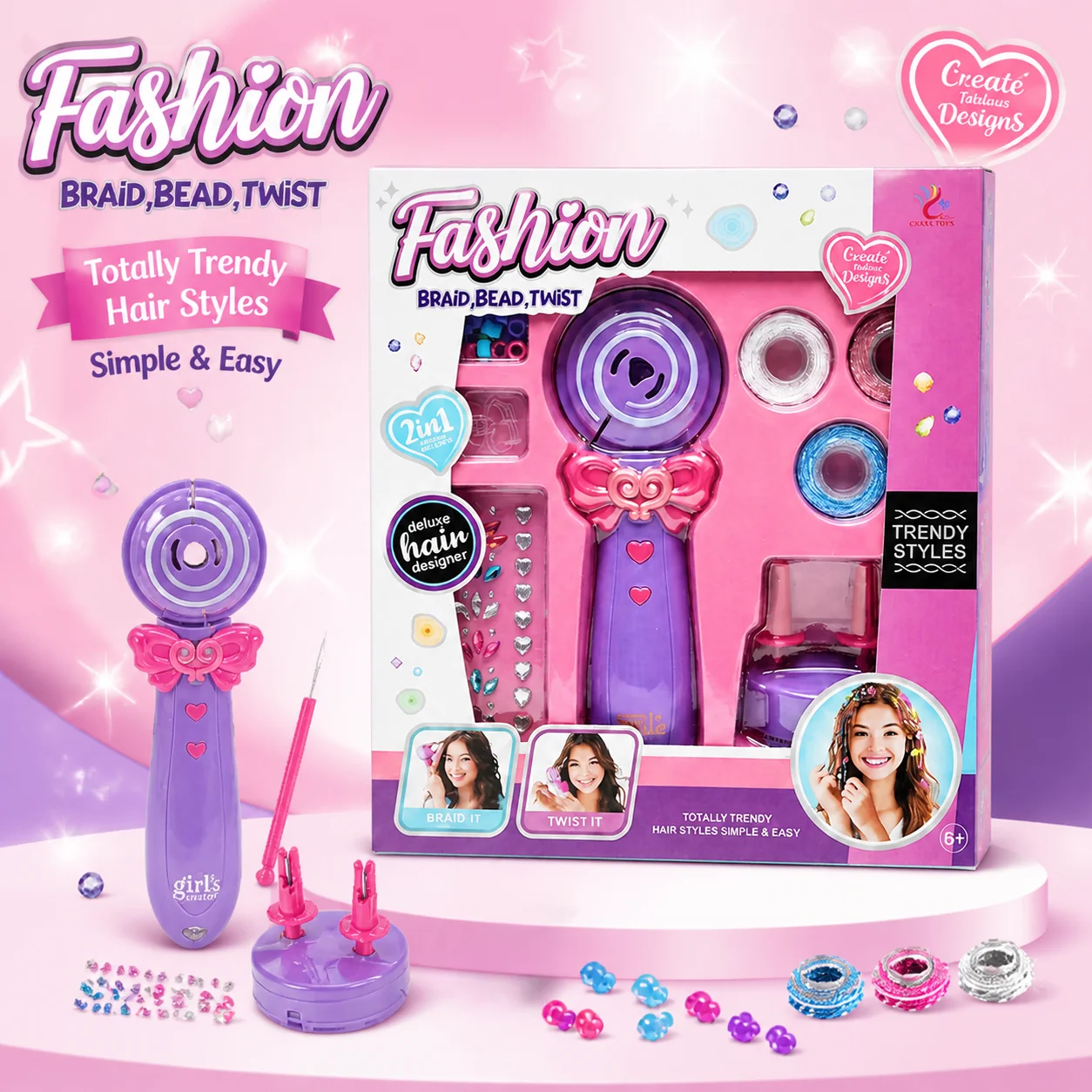 Automatic three-in-one DIY electric hair braid maker kit, portable hair accessory braid tool for girls - perfect gift for birthd