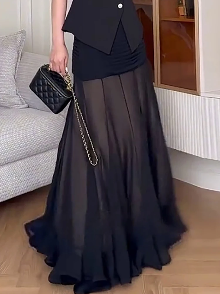 Women's High Waist Maxi Skirt Ruffles Patchwork Solid Simple Fashion Spring Autumn Chic Elegant Holiday Streetwear Ladies Skirts
