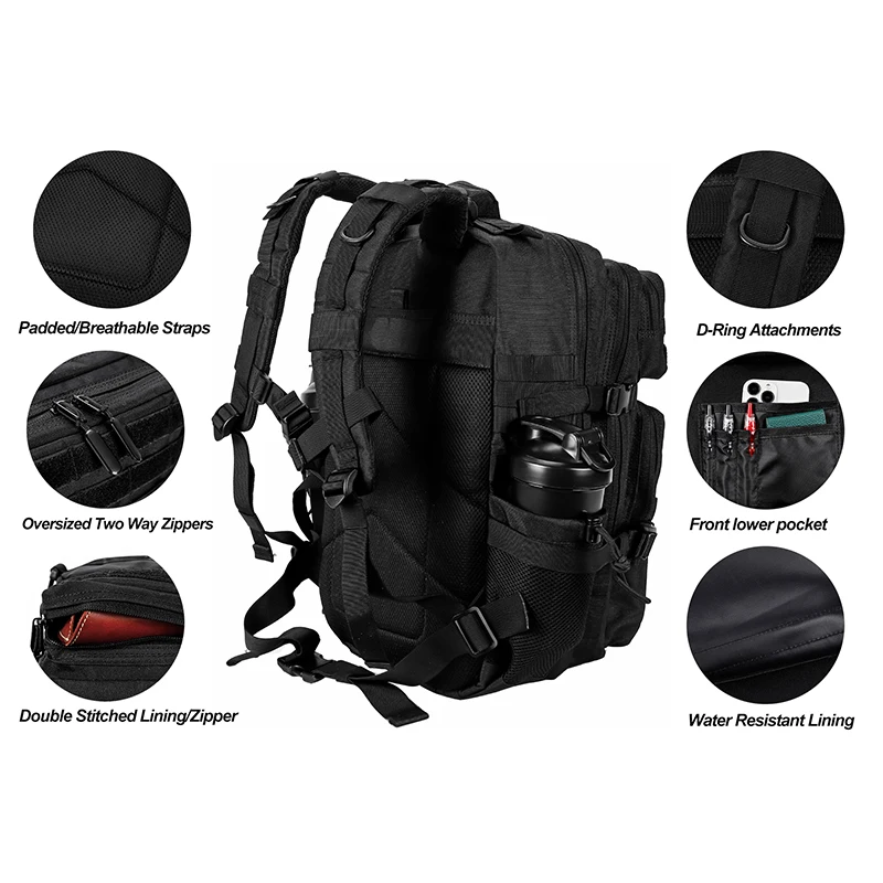 LHI 45L/35L/25L Tactical Backpack for Men and Women Waterproof Athlete Gym Outdoor Bag Travel Hiking Rucksack with Bottle Holder