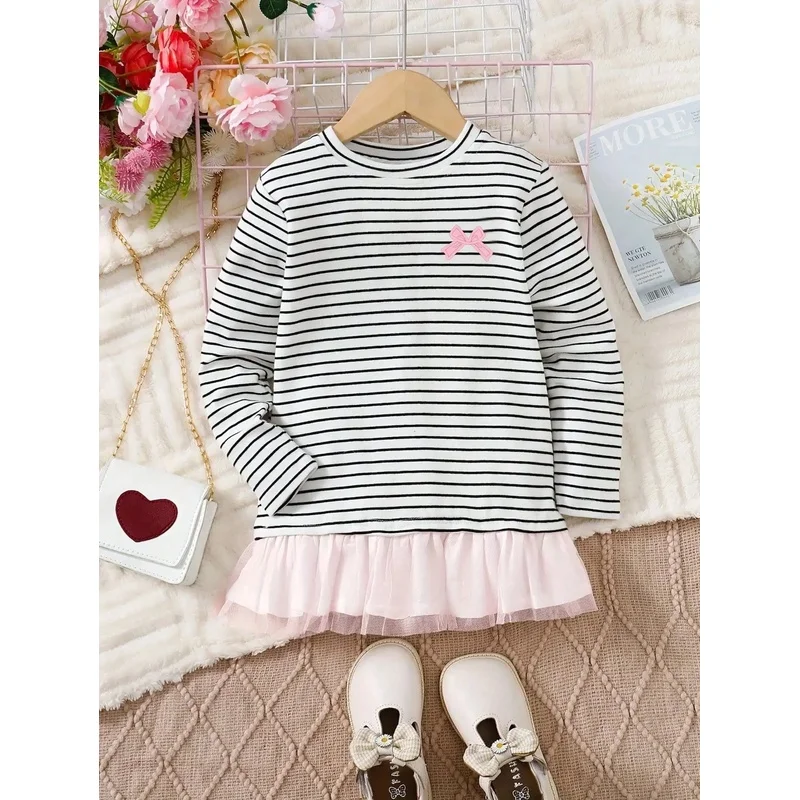 Children's Casual Elegant Comfortable round Neck Striped Skirt Long Sleeve T-Shirt Top with Butterfly Tie Print
