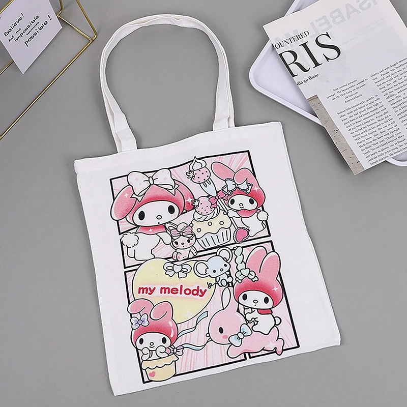 Cute Anime Canvas Shoulder Bag Cartoon My Melody Kuromi Shopping Bag Fashion Simple Large Capacity Storage Bags Girl Gifts