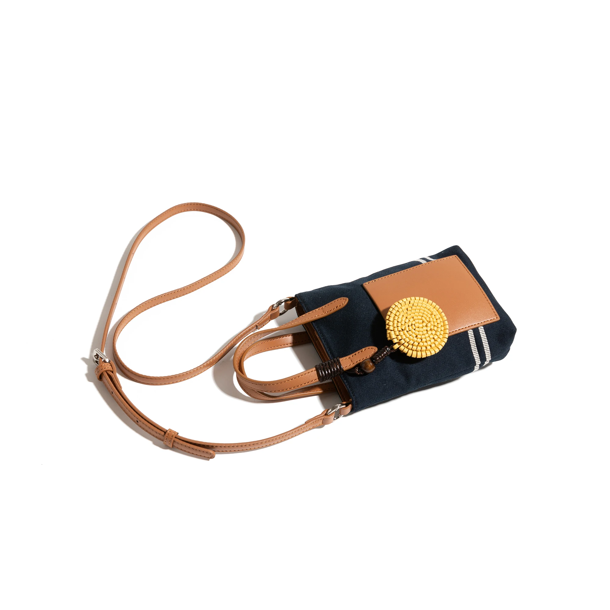 CKKUI Canvas Crossbody Bag, Striped Mini Phone Bag with PU Leather Decoration and Detachable Strap, Women's Woven Casual Handbag