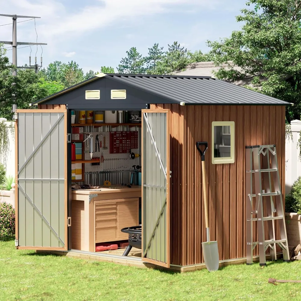 

Outdoor Storage Shed, Metal Steel Tiny House with Frame Floor & Lockable Door, Vertical Outside Storage Building for Garden