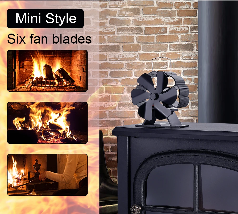 Heat Powered Stove Fan Eco Quiet Black 6Blades Mini Log Wood Burner Fireplace Fan Winter Warmer Home Efficient Heat Distribution