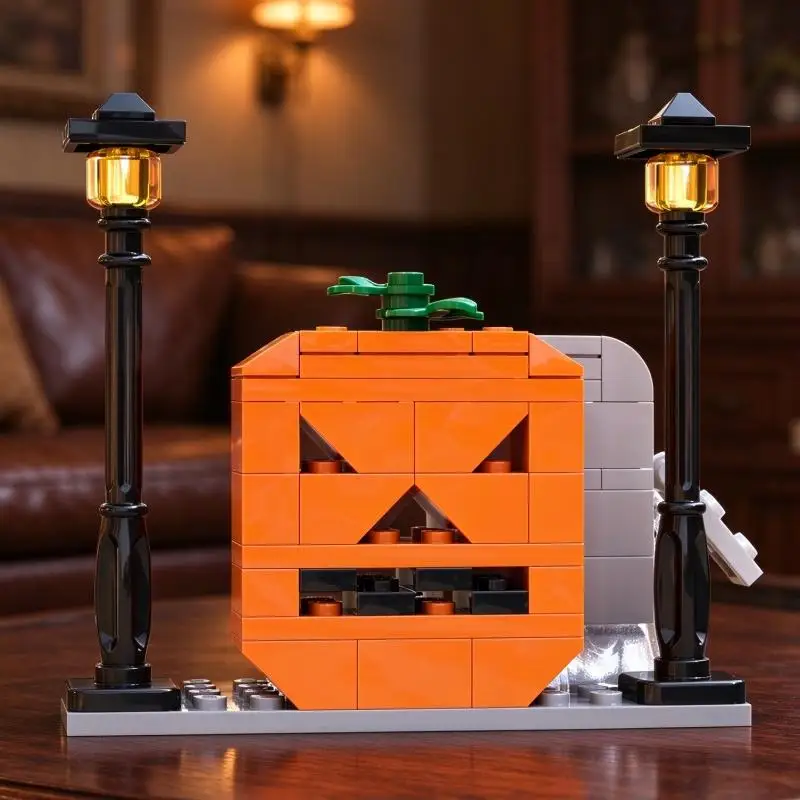 MOC Bricks Halloween Lane Corner Cracked Wall Texture Tilted Signboard Post DIY Building Brick Kit Desktop Scene Ornament
