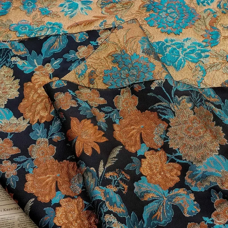 Flower Embossed Gold Silk Jacquard Fabric Autumn Winter Pastoral Dress Suitcase DIY Sewing Fabric