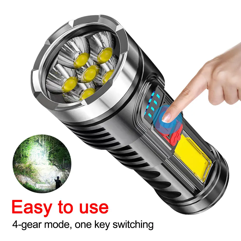 

Portable Led Strong Light Flashlight High Power Torch light Rechargeable 4 Gears with COB Side Flashlight USB Camping Lamp