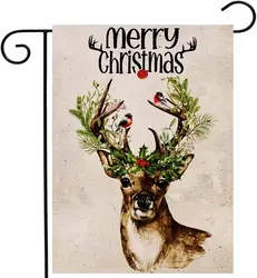 Merry Christmas Reindeer Garden Flag Vertical Double Sized, Winter Deer Holiday Yard Outdoor Decoration 12.5 x 18 Inch