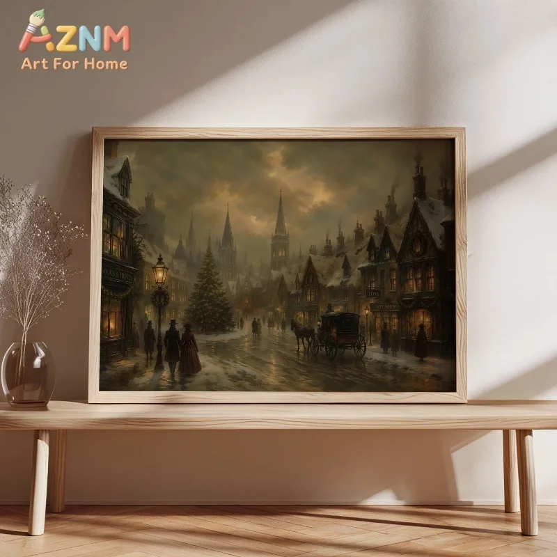 Vintage Christmas Town Canvas Wall Art Street Horse Carriage Snowy Evening Scene Holiday Home Wall Print Unframed Canvas Poster