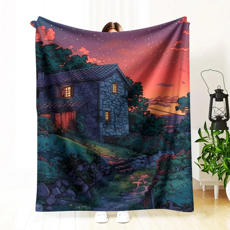 1pc Anime House & Night Sky Design Blanket - Soft Warm All-Season Throw with Mysterious Cottage in Woods, Deep Purple Pink Pink