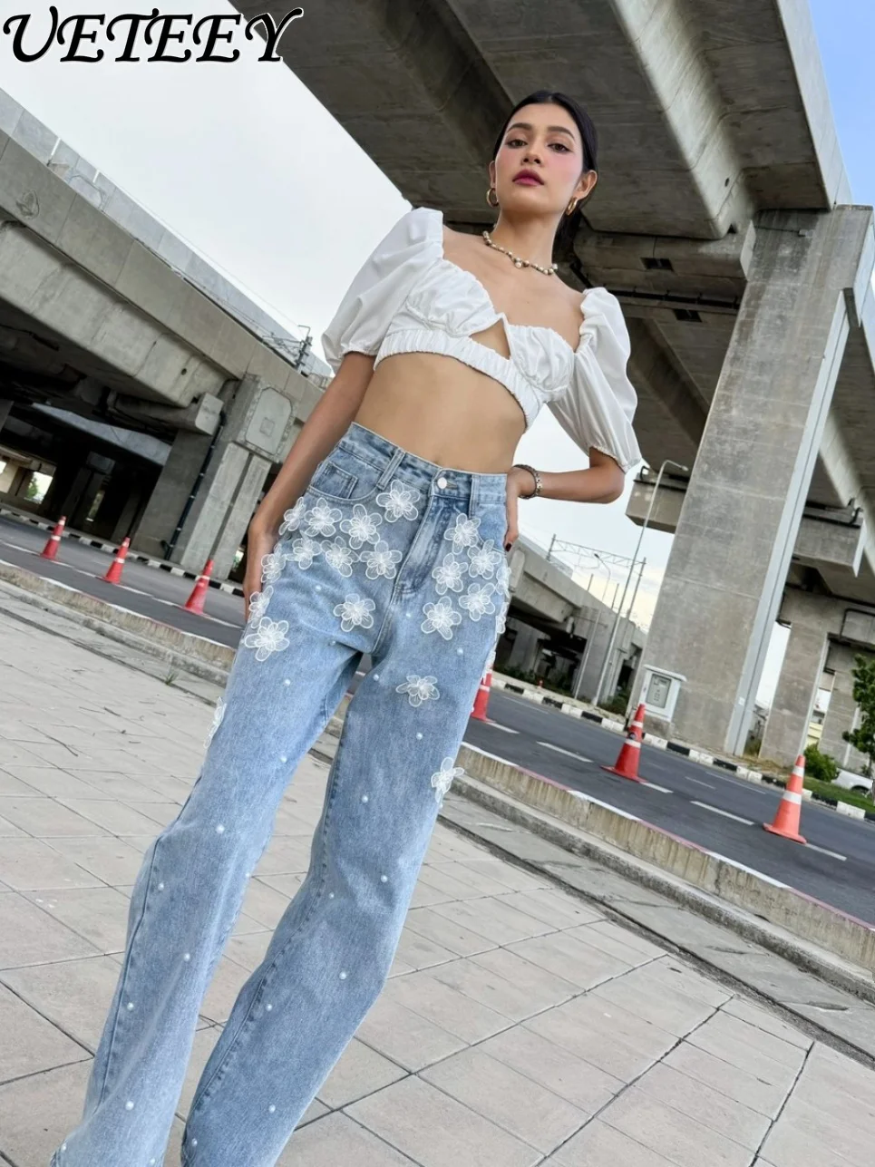 

Niche Design Lace Stitching American Versatile Casual Pearl Straight Jeans Women's High Waist Wide Leg Mopping Denim Pants