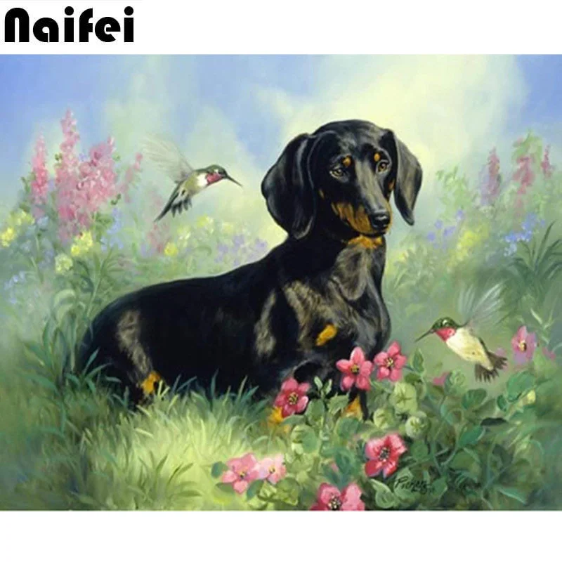 5D Diamond Painting Dachshund Full Drill Handmade Black Dog on Grass With Flower Bird Cross Stitch Home Decor Embroidery Kit