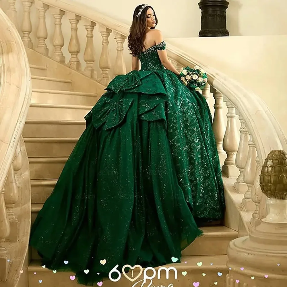 グリーンチャロキンセアニェーラドレスボールガウンオフショルダーアップリケビーズメキシコスイート16ドレス15アノスカスタマイズ