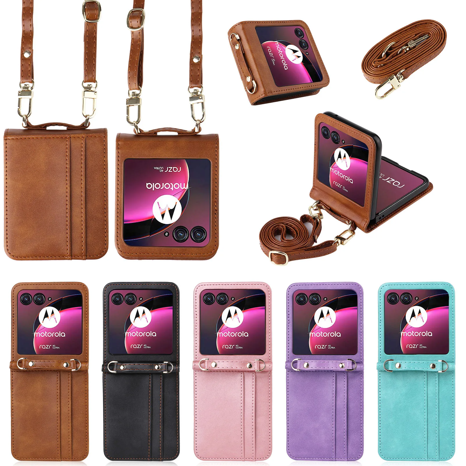 Funda de cuero para teléfono móvil, carcasa con cordón y tarjetero para Motorola Razr 50 Ultra Moto Razr 40 Razr + 2024 2023