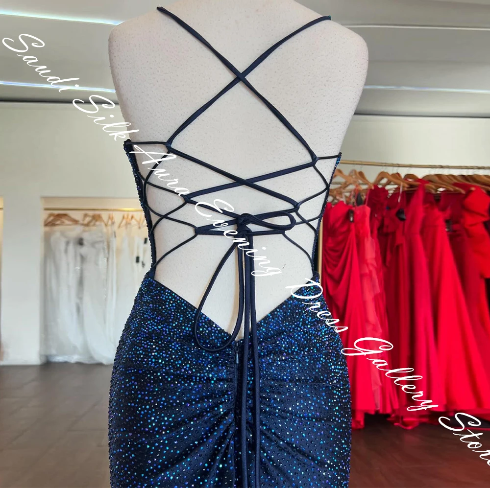 Sequin Sleeveless Spaghetti Straps V-Neck Floor Length Straight Evening Dress Panel Train Crystal Lace Up Back Temperament