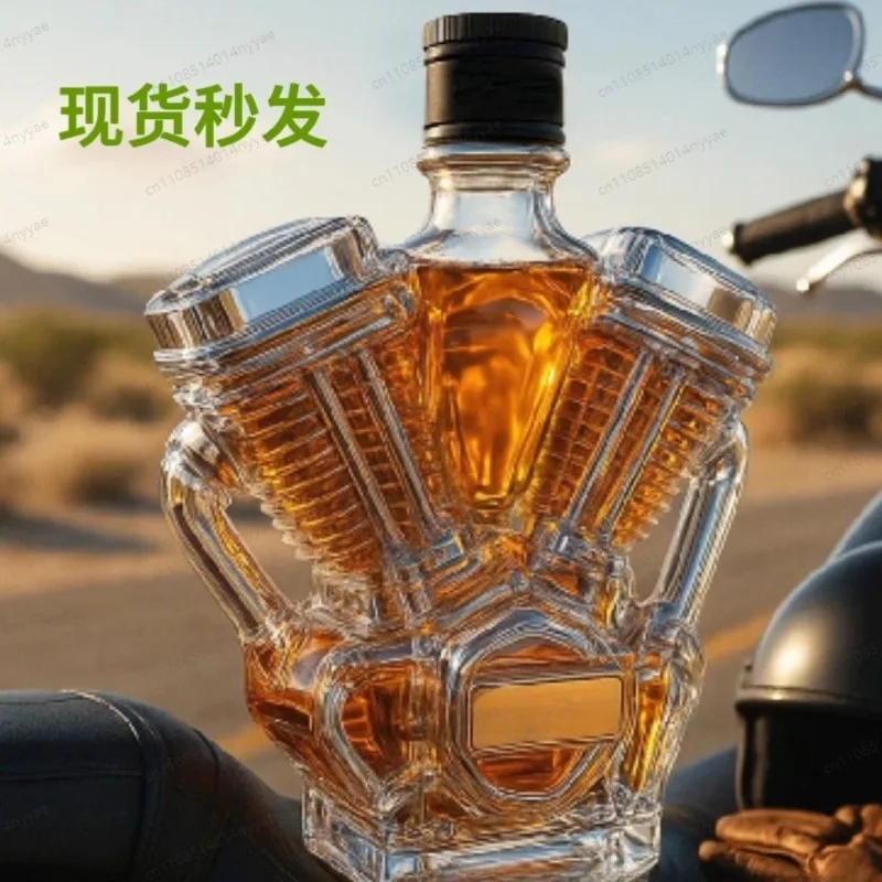 New V-TWIN Engine Whiskey Bottle, Motorcycle Shaped Glass Decanter for Spirit Storage & Home Bar Display