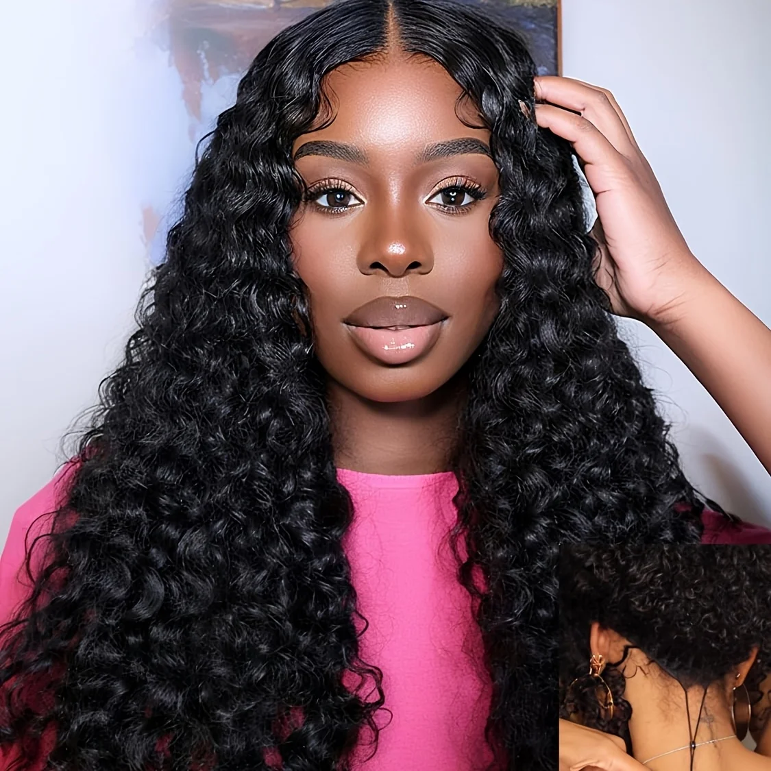 Jerry Curly Fluffy Human Hair Lace Front Wigs for Women, 13x1 Lace Base Pre Plucked Pre Cut Hairline, 180% Density Glueless Drawstring Closure Wig, Matches All Skin Tones for Daily Wear & Special Events