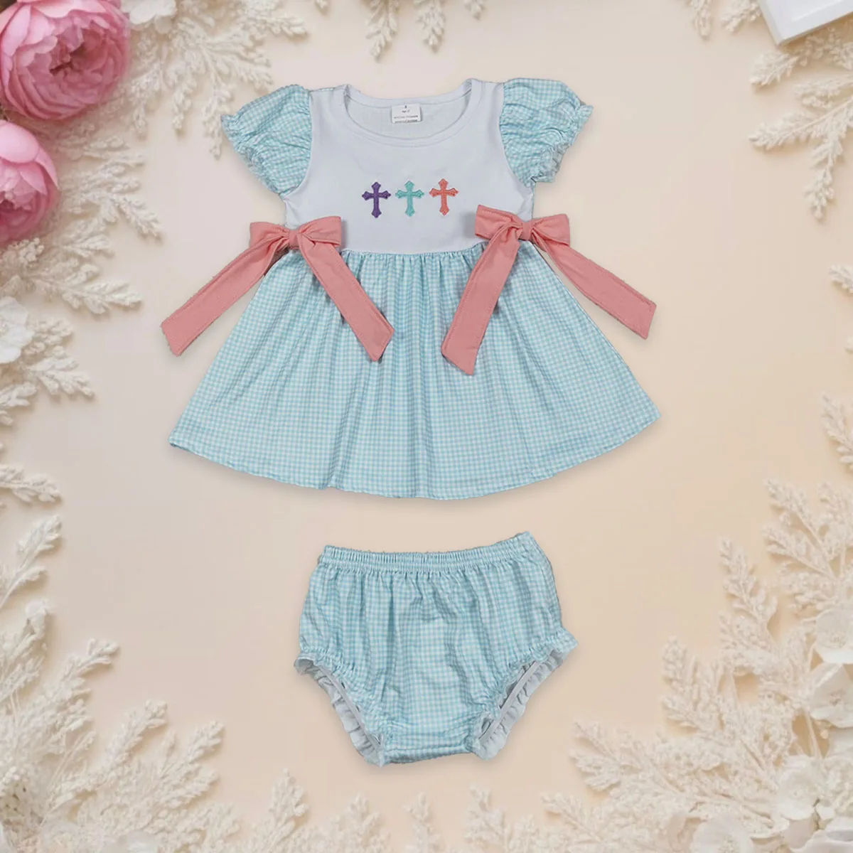

Baby Girl Embroidery Crosses Summer Outfit Long Sleeve Bows Tunic Bummies Set Easter Ruffle Toddler Clothes Cute Infant Outfit