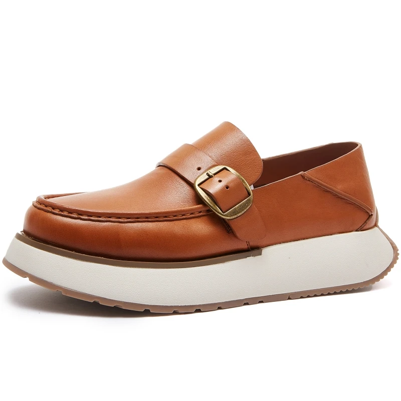 British High-end Horse Leather Loafers Shoes for Men's Breathable Casual Sneakers Business Trendy Thick Bottom White Board Shoes