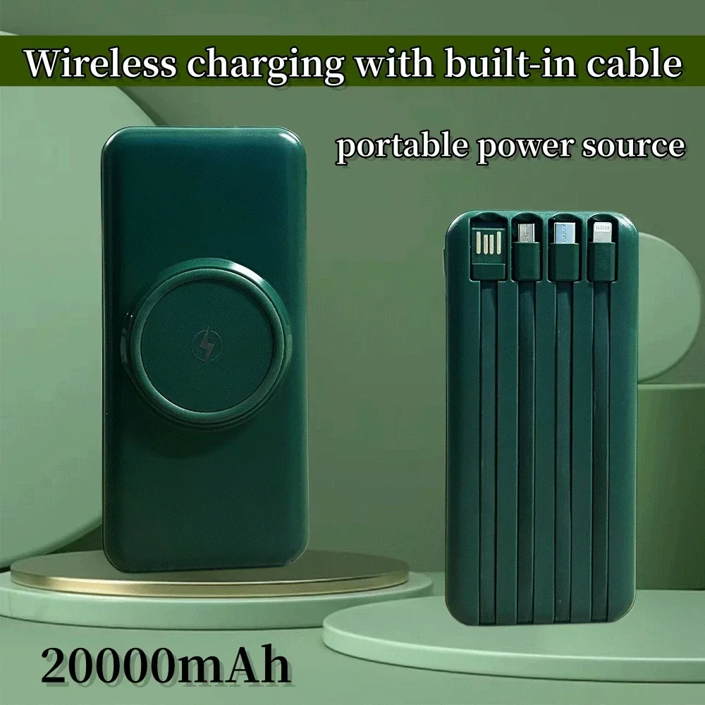 NEW 100% 20000mAh Wireless Power Bank Built-in 4 Cables Powerbank Portable External Battery Charger For iPhone 12 Pro Xiaomi 10