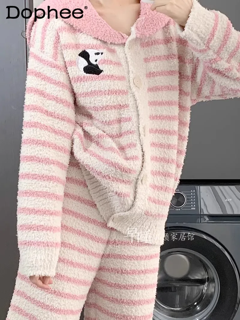 

Autumn Winter New College Style Navy Collar Striped Fleece Pajamas Sweet Girl Thick Loose Casual Warm Homewear