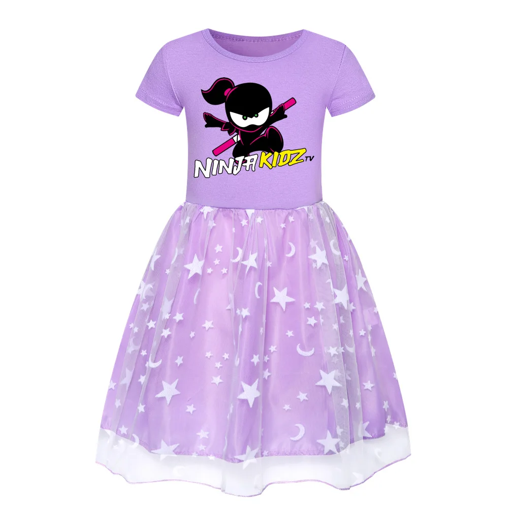 New Baby Girls Dress Summer Ninja Kidz Cartoon Baby Princess Birthday Party Big Girls Mesh Dresses Costume Toddler Kids Clothing