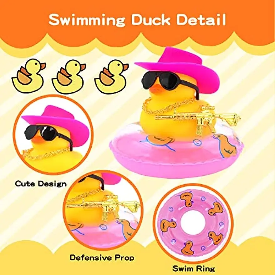 Office Decoration Car Rubber Duck Decoration Dashboard Yellow Duck with Weapon Hat Sunglasses Gold Chain