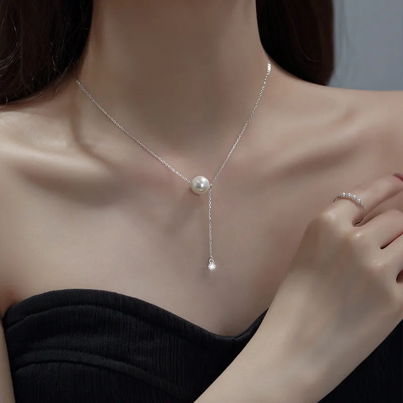925 Sterling Silver Necklace Women Summer Pearl Light Luxury Niche Ins Design End Vintage Tassel Pendant Clavicle Chain Jewelry