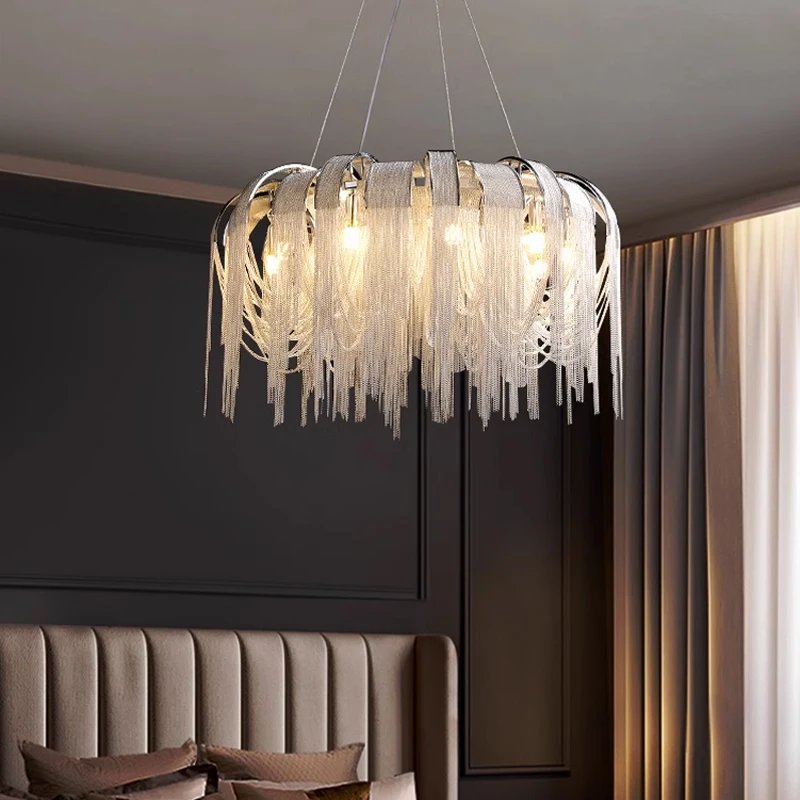 Aluminium Tassel Ceiling Chandelier Post Modern Led E14 Pendant Lights Living Room Chrome Gold Lustre Pendant Lamp Indoor Light