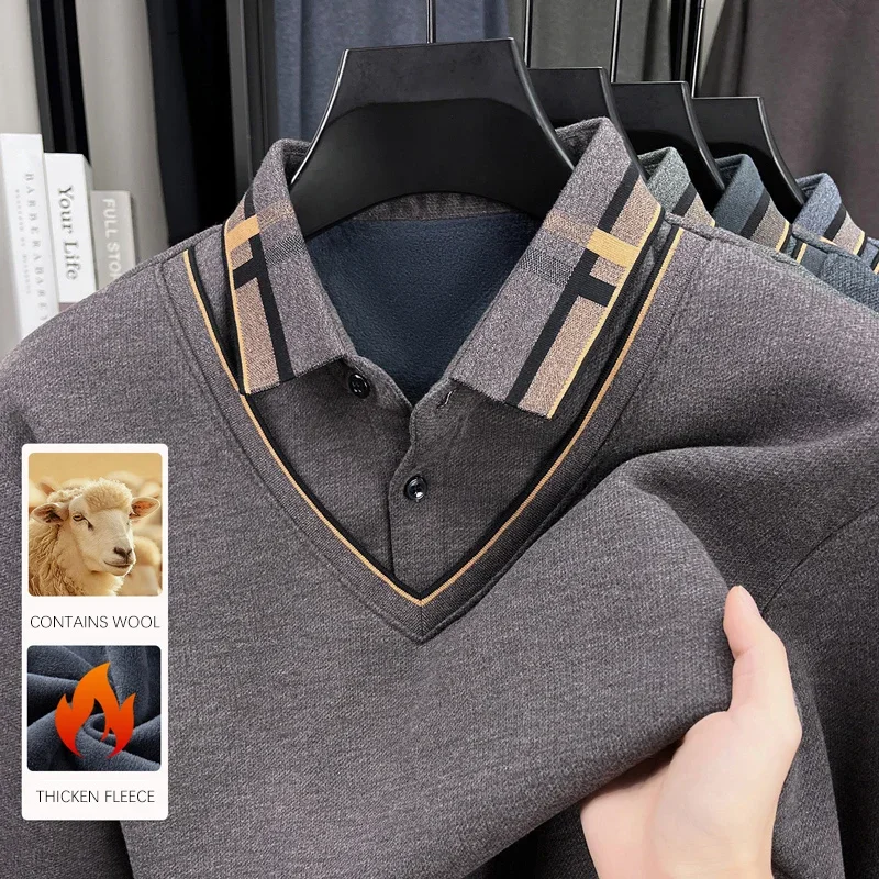 

BROWON Men's Thick Fleece T-Shirt Winter Fashion Spliced Color Design Turn-down Collar Fake Two-Piece Style Male Top Wear